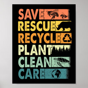 Póster Retro Earth Day Salven abejas Rescate animales Rec