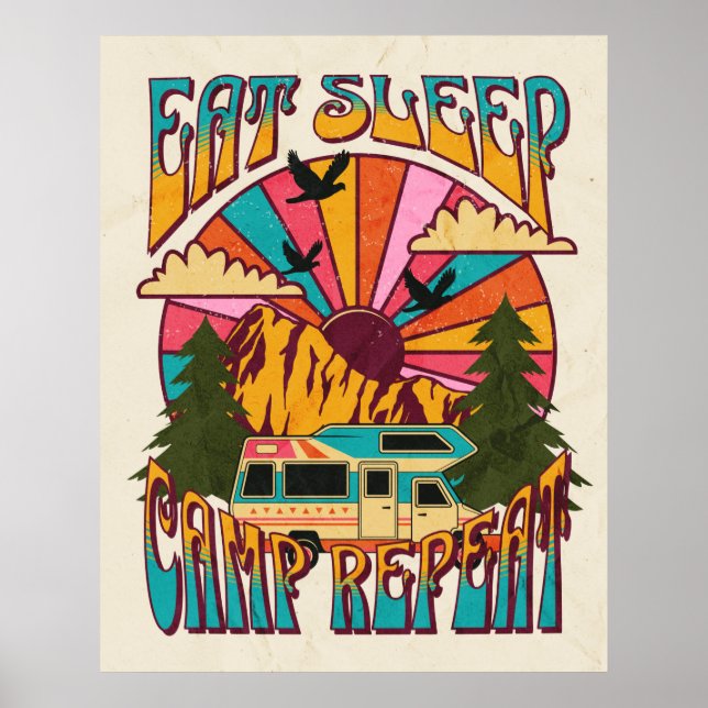 Póster Retro Eat Sleep Camp Repetir (Frente)