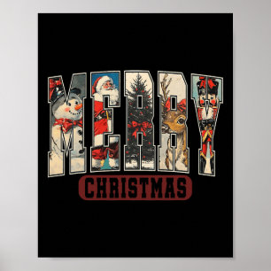 Póster Retro Feliz Navidad Santa Navidad Árbol de nieve N
