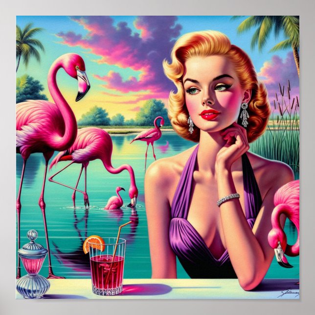 Póster Retro Flamingo Pin-Up (Frente)