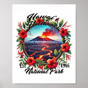 Póster Retro Floral Hawaii Parque Nacional Volcanes Campi