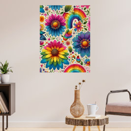 Póster Retro Floral Hippie Arcoíris