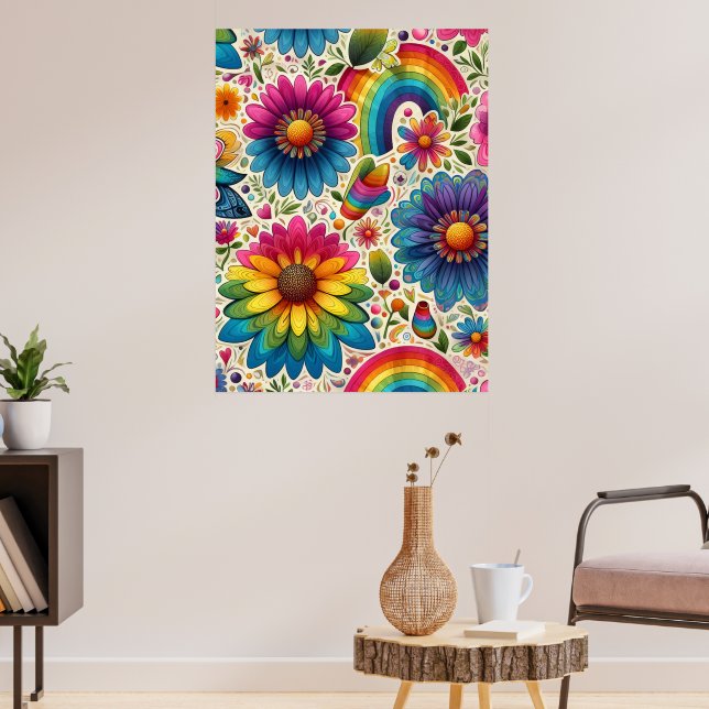 Póster Retro Floral Hippie Arcoíris (Salón 3)