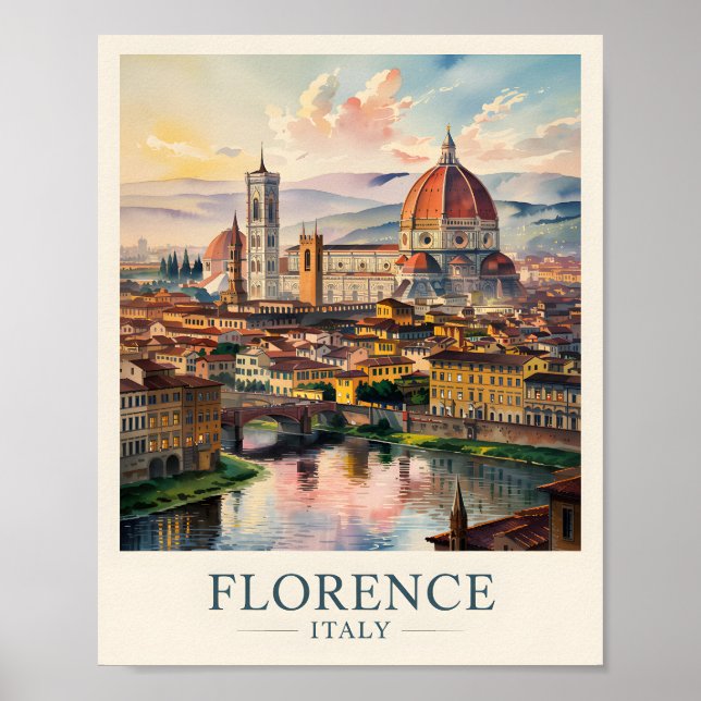 Póster Retro Florence Duomo Cathedral Skyline Watercolor (Frente)