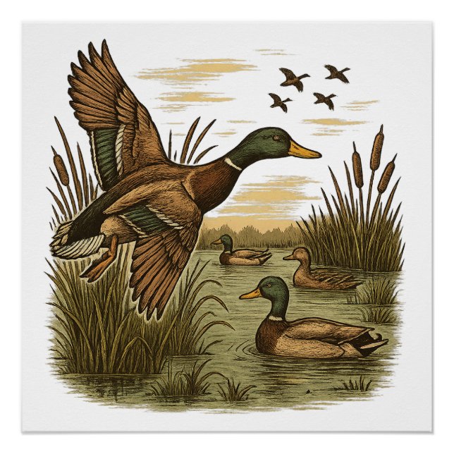 Póster Retro-Flying-Mallard-Duck-Hunting (Anverso)