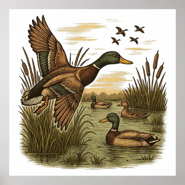 Póster Retro-Flying-Mallard-Duck-Hunting,  (Frente)