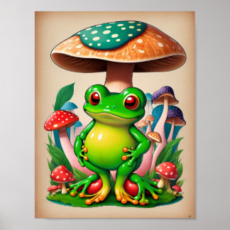 Póster Retro Frog Groovy Mushroom Psychedelic