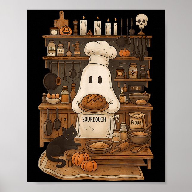Póster Retro Ghost Baking Sourdough Halloween Soky Chef B (Frente)