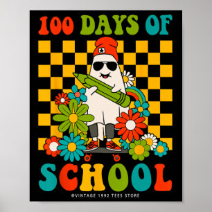 Póster Retro Groovy 100 Días De Maestros Escolares Niños 