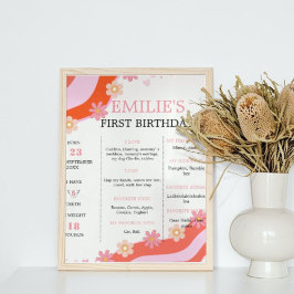 Póster Retro Groovy DaisyBaby Primer Rótulo de cumpleaños