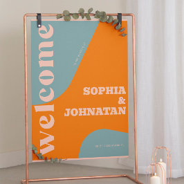 Póster Retro groovy dusty blue typography welcome wedding