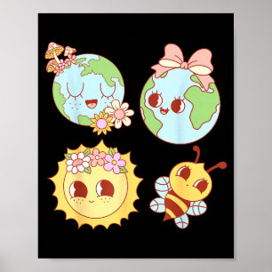 Póster Retro groovy floral corazón día de la tierra ambie