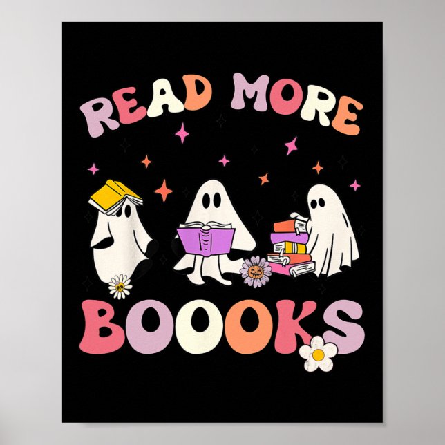 Póster retro Groovy Leer más libros Ghost Boo ghoul Fun H (Frente)