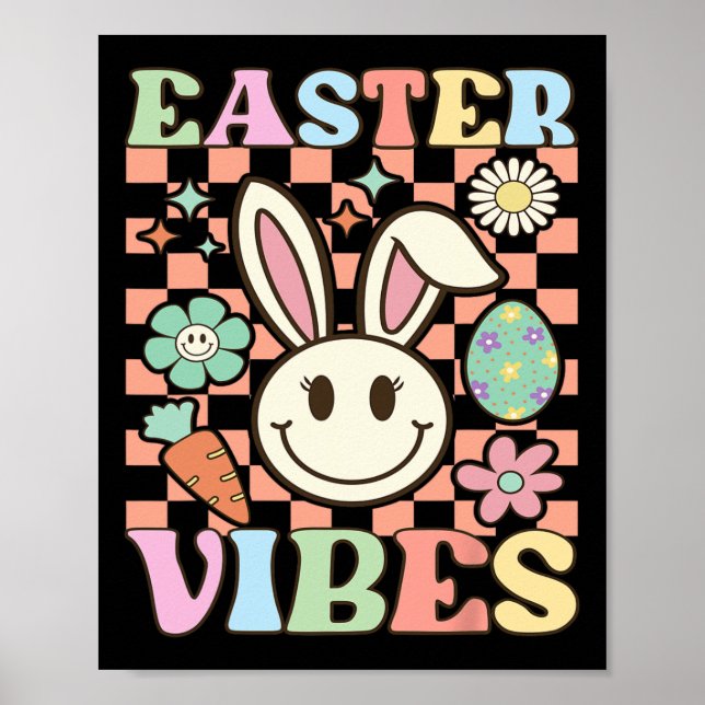 Póster Retro Groovy Vibes de Pascua Bunny Checkered Smile (Frente)