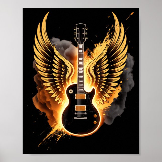 Póster Retro Guitar Wings Abstract Art Rock And Roll Musi (Frente)