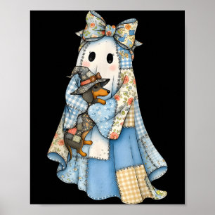 Póster Retro Halloween Azul Denim Fantasma Dachshund Dive