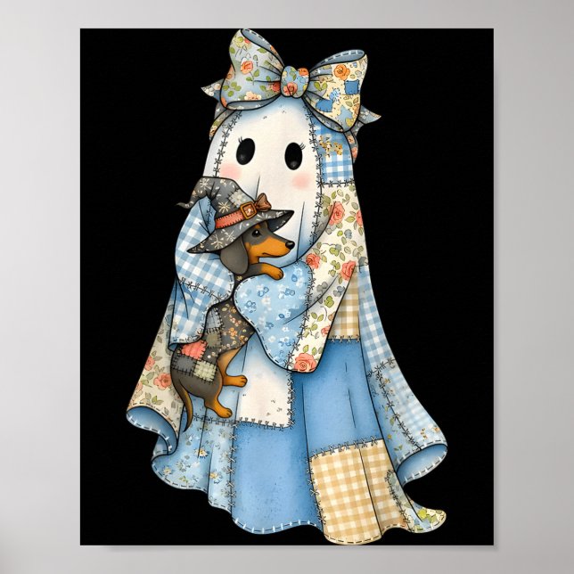 Póster Retro Halloween Azul Denim Fantasma Dachshund Dive (Frente)