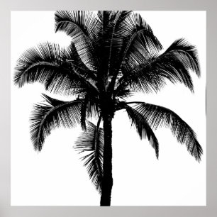 Póster Retro Hawaiano Tropical Palm Tree Silhouette Black