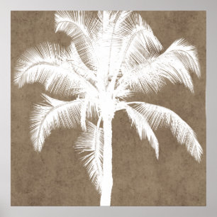 Póster Retro Hawaití Tropical Palm Tree Silhouette White