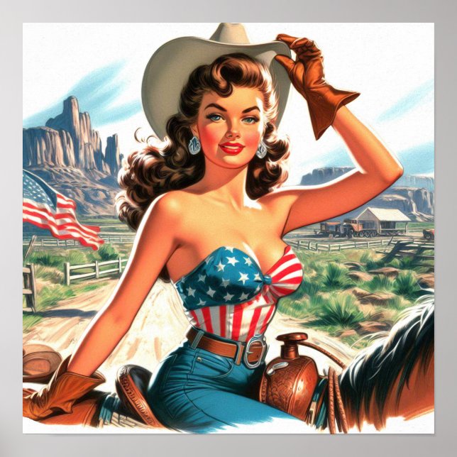 Póster Retro Hermosa Cowgirl Pin Up (Frente)