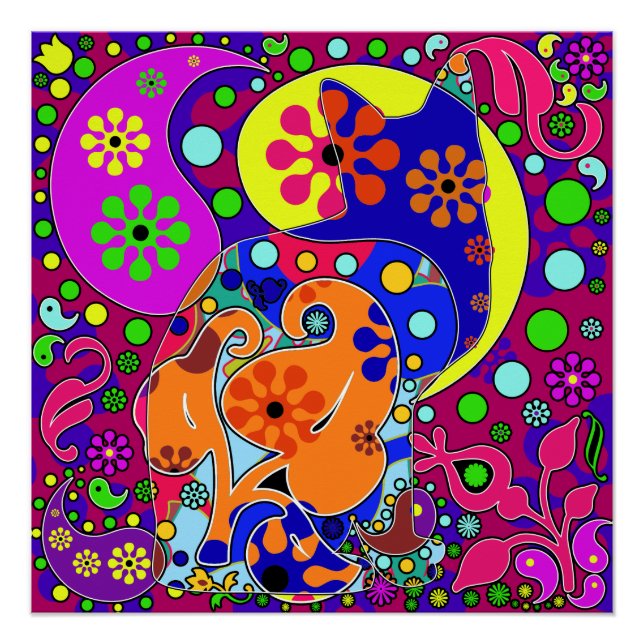 Póster Retro Hippie Flower Power Paisley Cat Pop Art (Anverso)