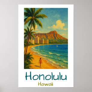 Póster Retro Honolulu Hawaii Waikiki Beach