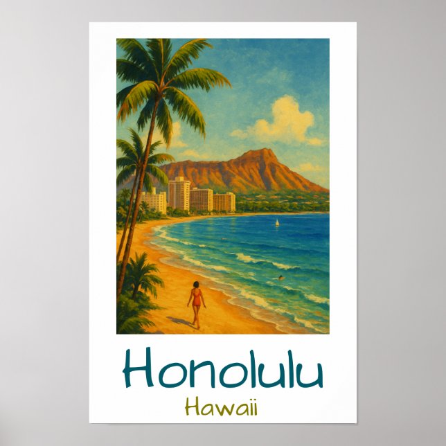Póster Retro Honolulu Hawaii Waikiki Beach (Frente)
