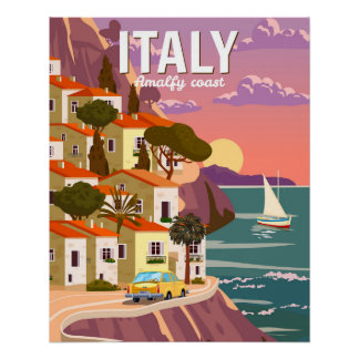 Póster Retro Italia, vista romántica mediterránea