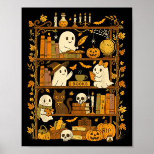 Póster Retro Librería Black Cat Halloween Ghost Reading