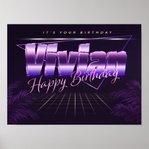 Póster retro lila de cumpleaños con el nombre Vivi