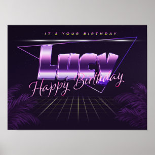 Póster retro lila Nombre Apellido Lucy Cumpleaños