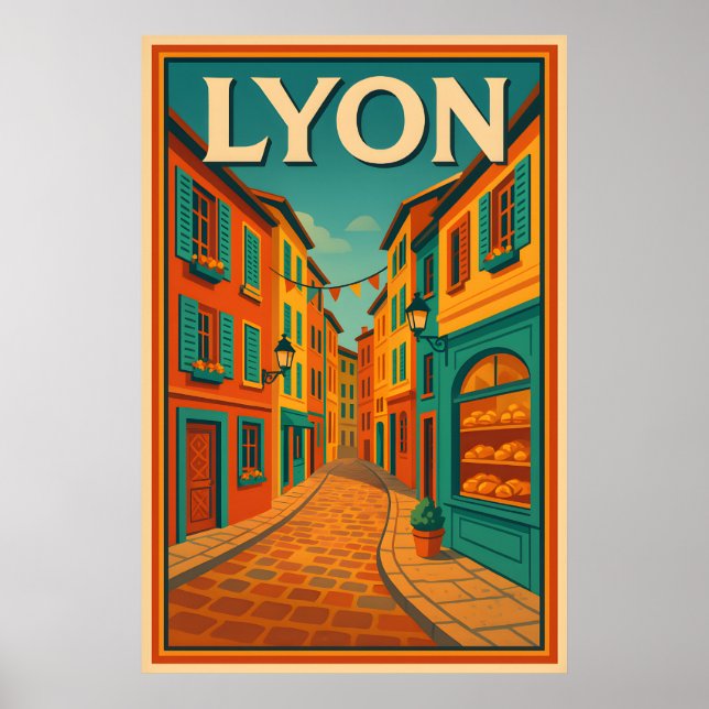 Póster Retro Lyon Francia Viajes : Moderno a mediados del (Frente)