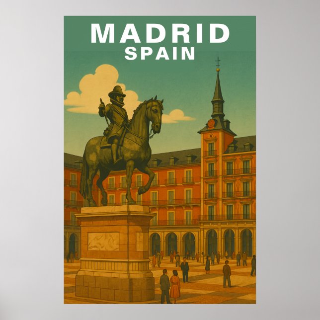 Póster Retro Madrid, Spain Historic City Plaza (Frente)