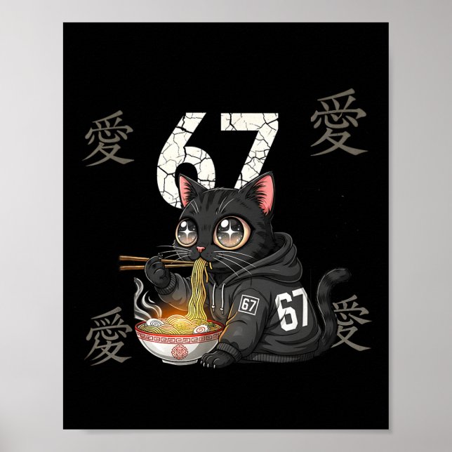 Póster Retro Meme 67 Six Seven 6 7 Cat Ramen Japanese Kaw (Frente)