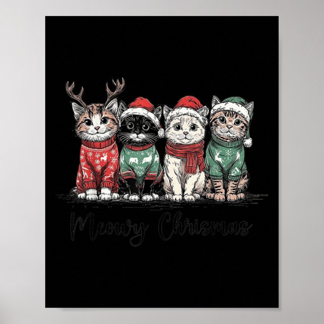 Póster Retro Meowy Christmas Cute Cats With Santa Claus H (Frente)