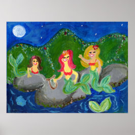 Póster Retro Mermaid Grotto Folk Art