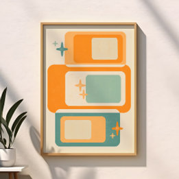 Póster Retro Mid Century Geométrico Resumen Naranja Verde