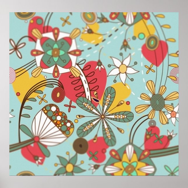 PÓSTER RETRO MIX FLOWERS HEARTS LOVE HIPPIE WALLPAPER TEM (Frente)