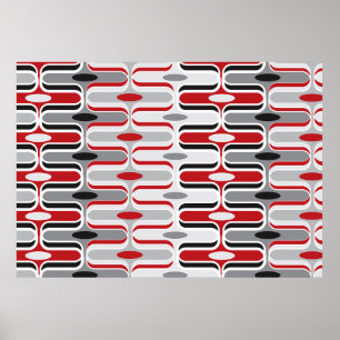 Póster Retro Mod Art Deco Zig Zag Funky Pattern Red Black