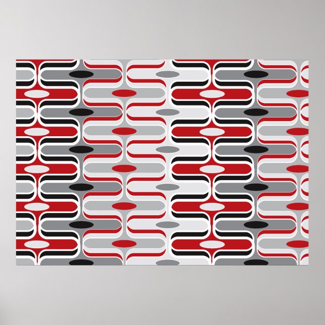 Póster Retro Mod Art Deco Zig Zag Funky Pattern Red Black (Frente)