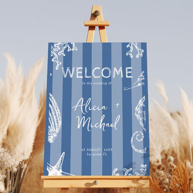 Póster Retro modern beach striped wedding welcome sign (Subido por el creador)