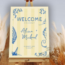 Póster Retro modern beach striped wedding welcome sign