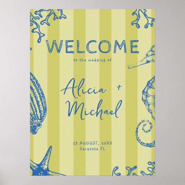 Póster Retro modern beach striped wedding welcome sign (Frente)