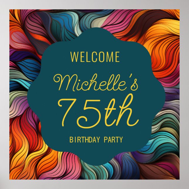 Póster Retro Modern Teal Orange Psychedelic 75th Birthday (Frente)