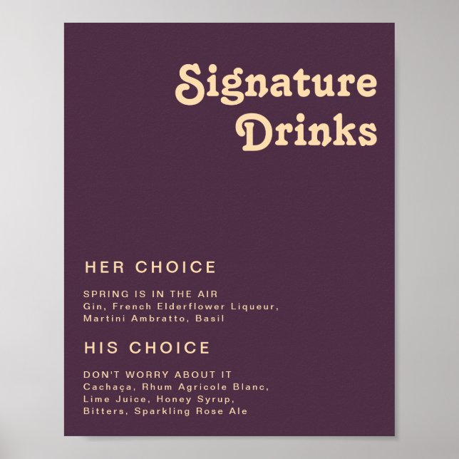Póster Retro moderno | Rótulo de bebidas con firma morada (Frente)