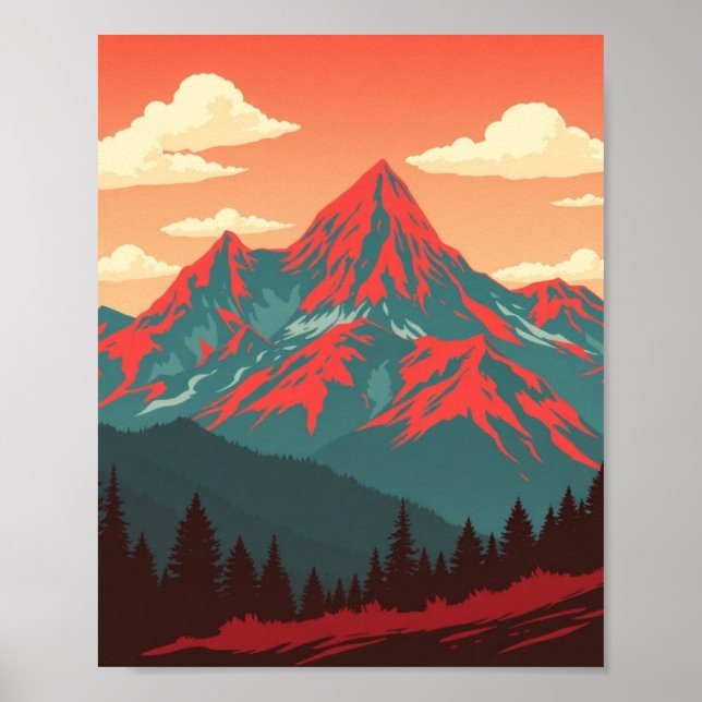 Póster Retro Mountain Landscape Red Blue Poster (Frente)