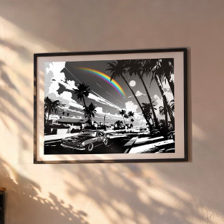 Póster Retro Muscle Car Hawaii Rainbow Modern Street Art