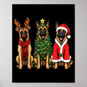 Póster Retro Navidad Malinois Belga Santa Reno Perro