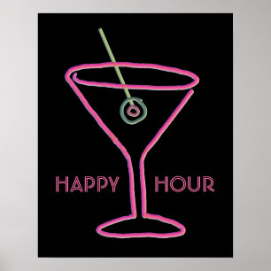 Póster Retro Neon Martini Happy Hour Poster Imprimir