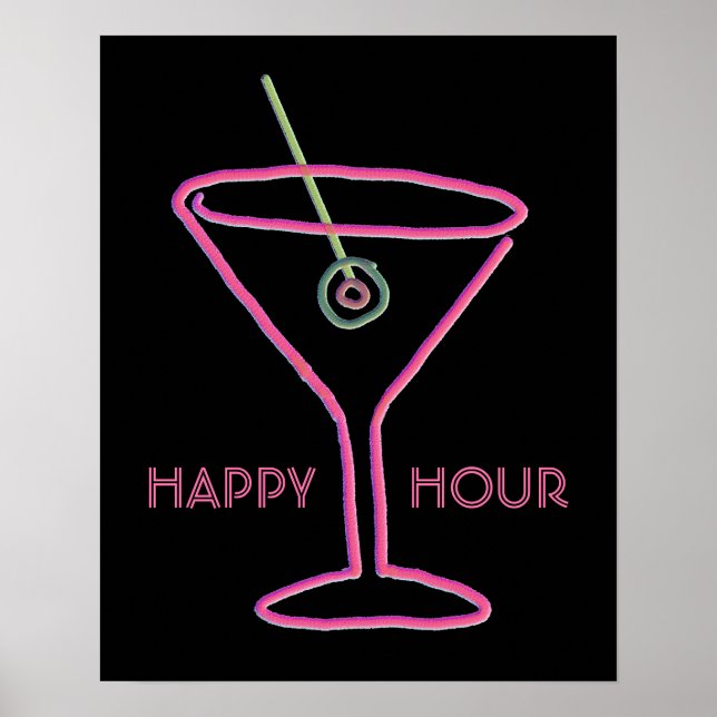 Póster Retro Neon Martini Happy Hour Poster Imprimir (Frente)